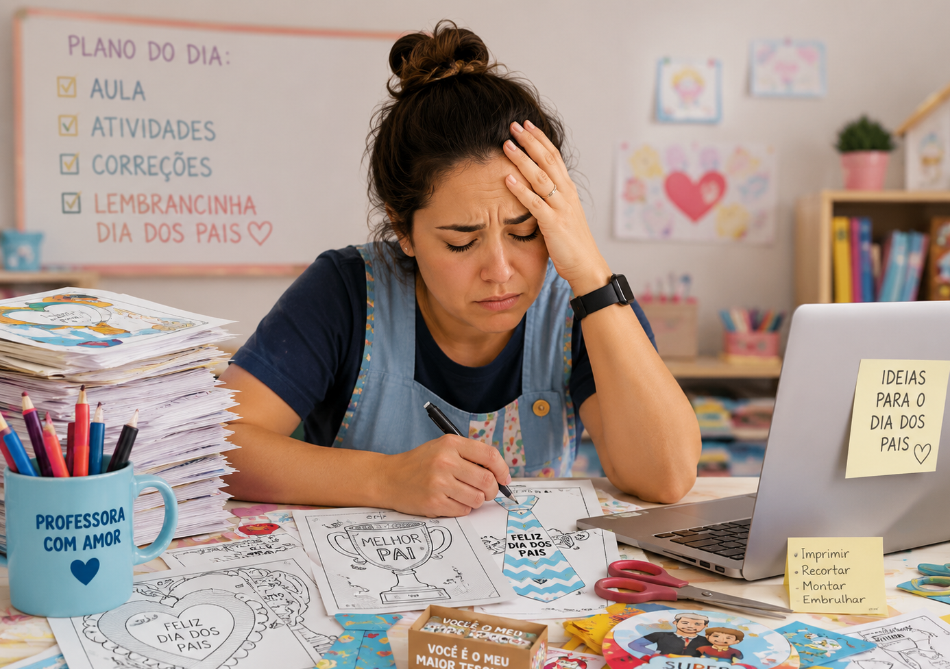 Professora cansada rodeada de papéis e ideias para o Dia dos Pais